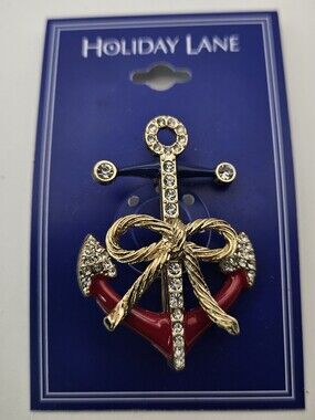 Holiday Lane Nautical Anchor Brooch Pin Gold Tone Rhinestone Red Enamel Bow NWT